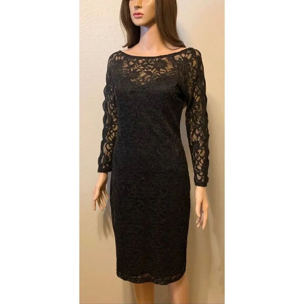 CANDALITE Women’s Bohemian Black Lace Round Neck 3/4 Sleeve Evening Dress Sz 2X